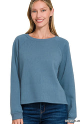 Zenana Fleece Raglan Round-Neck Sweatshirt DUSTY BLUE OutfitFlow